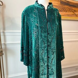 Bob Mackie Teal Burnout Velvet Mandarin-Style Button Shirt
